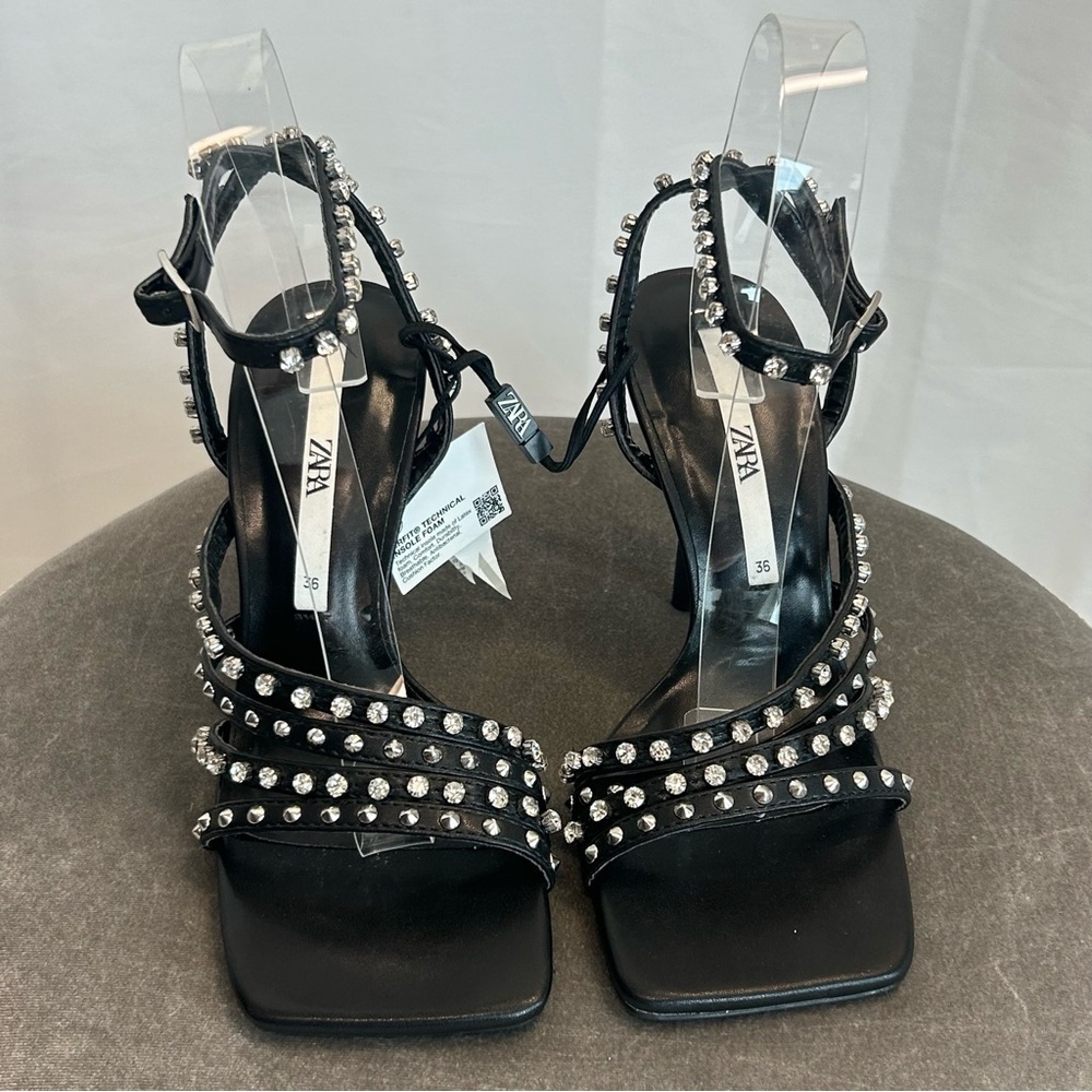 Zara black strappy crystal rhinestone studded embellished sandal high heel Sz 6 - Picture 6 of 12